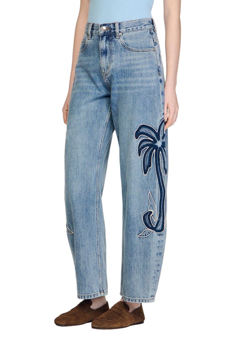 Palm-embroidered wide barrel jeans, Main, color, Blue jean