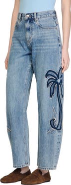 SANDRO Palm-embroidered wide barrel jeans