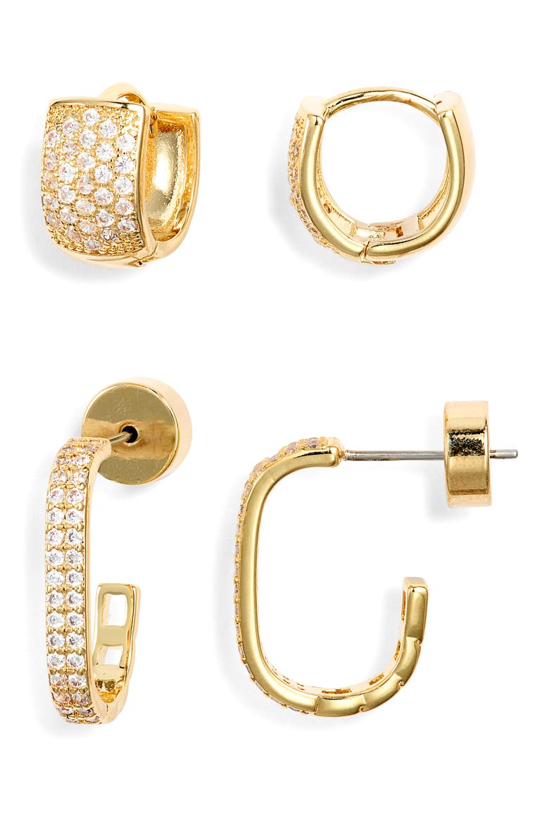 Set of 2 Pavé Cubic Zirconia Hoop Earrings, Main, color, CLEAR- GOLD