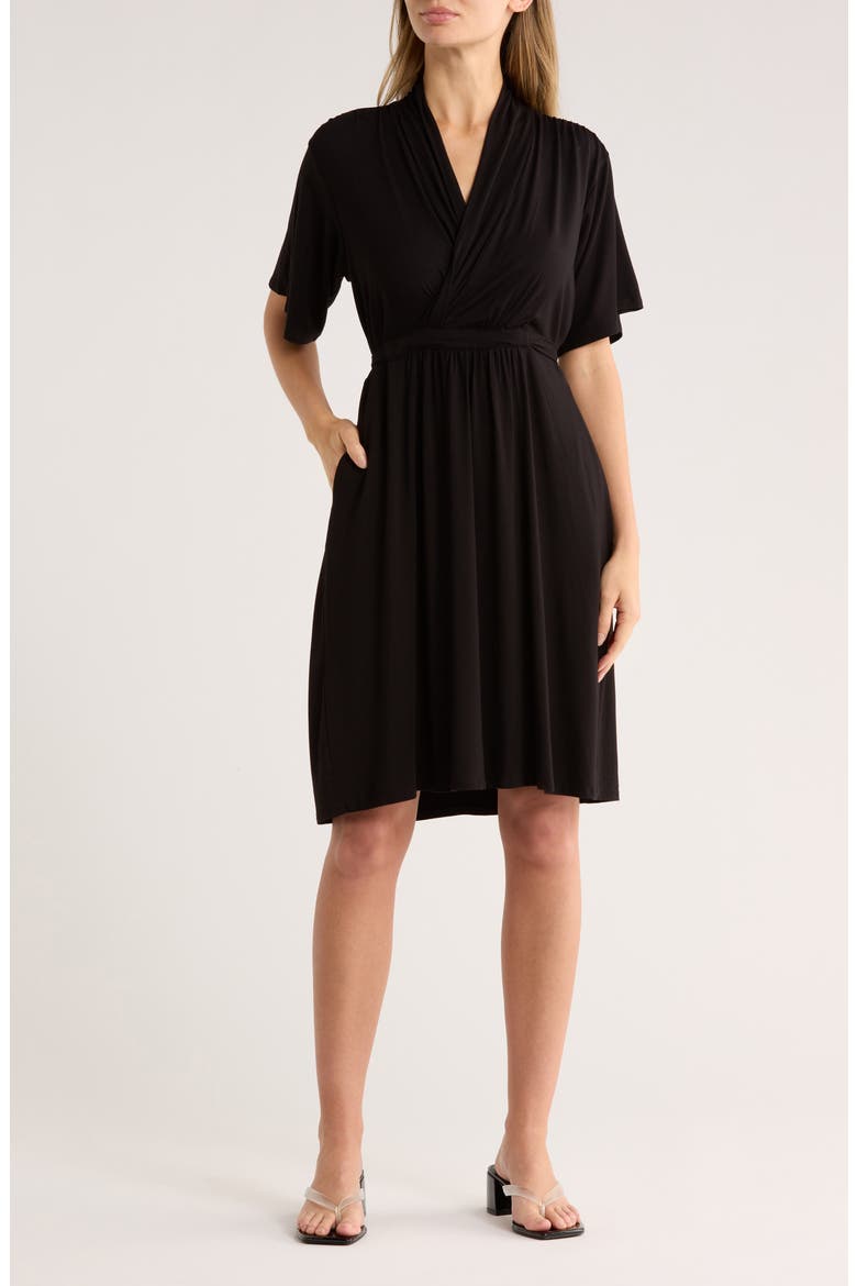 Flutter Sleeve Faux Wrap Midi Dress, Main, color, BLACK