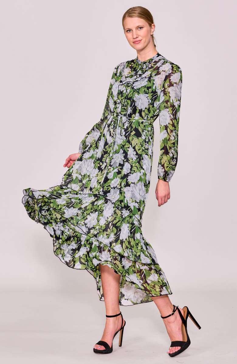 MELLODAY Long Sleeve Ruffle Chiffon Dress, Alternate, color, Black Green Multi