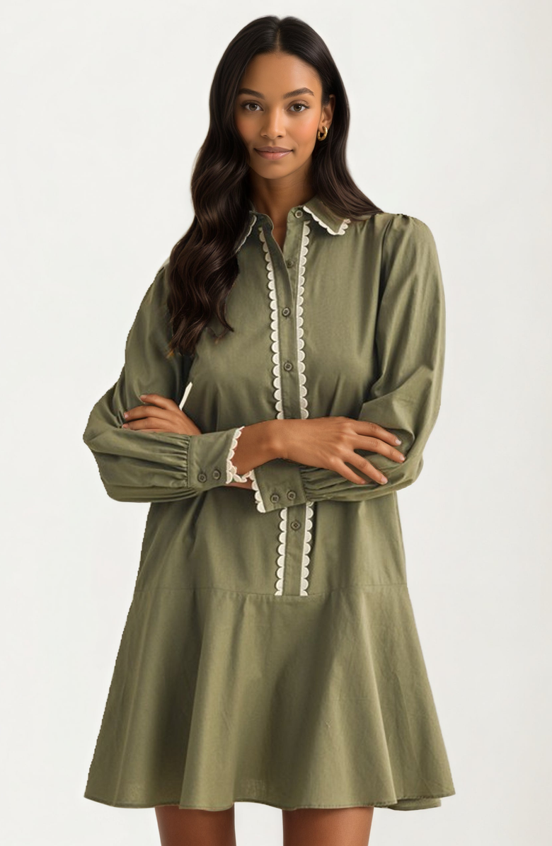 Knit and Lounge Long-Sleeve Button-Front Scallop-Trim Mini Dress, Alternate, color, Green