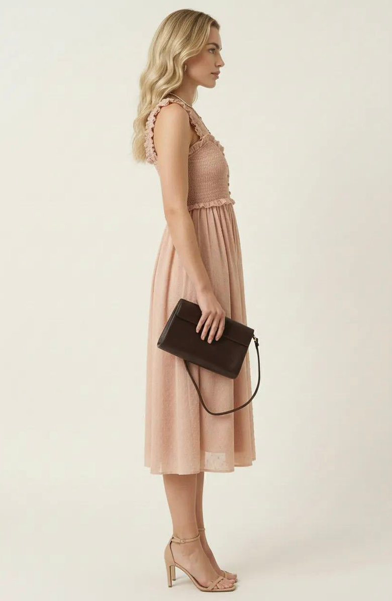 Modenaire Smocked Ruffle Straps Midi Dress, Alternate, color, Blush Pink