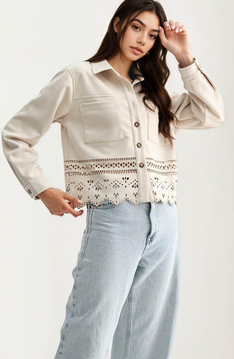 Knit and Lounge Eyelet Cutout Scalloped-Hem Button-Front Jacket, Alternate, color, Ivory
