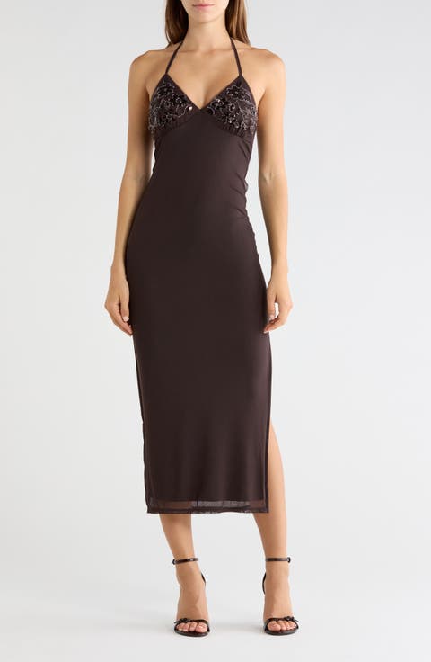 Sequin and Beaded Halter Maxi Dress