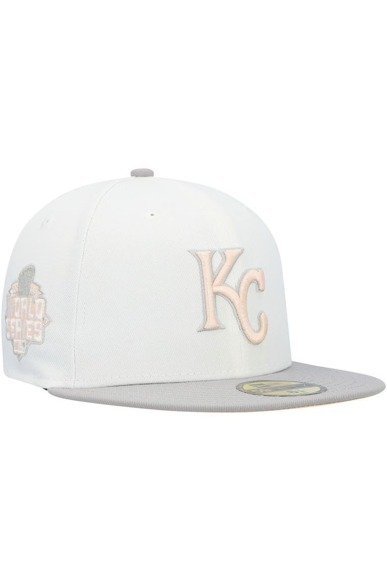 Men's New Era White/Gray Kansas City Royals 2015 World Series Side Patch Peach Undervisor 59FIFTY Fitted Hat, Main, color, White