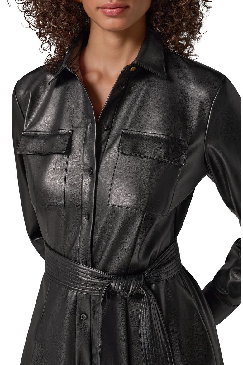 Faux Leather Belted Shirtdress, Alternate, color, BLACK