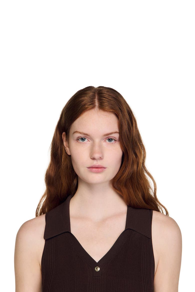 Ribbed knit polo bodysuit, Alternate, color, Brown