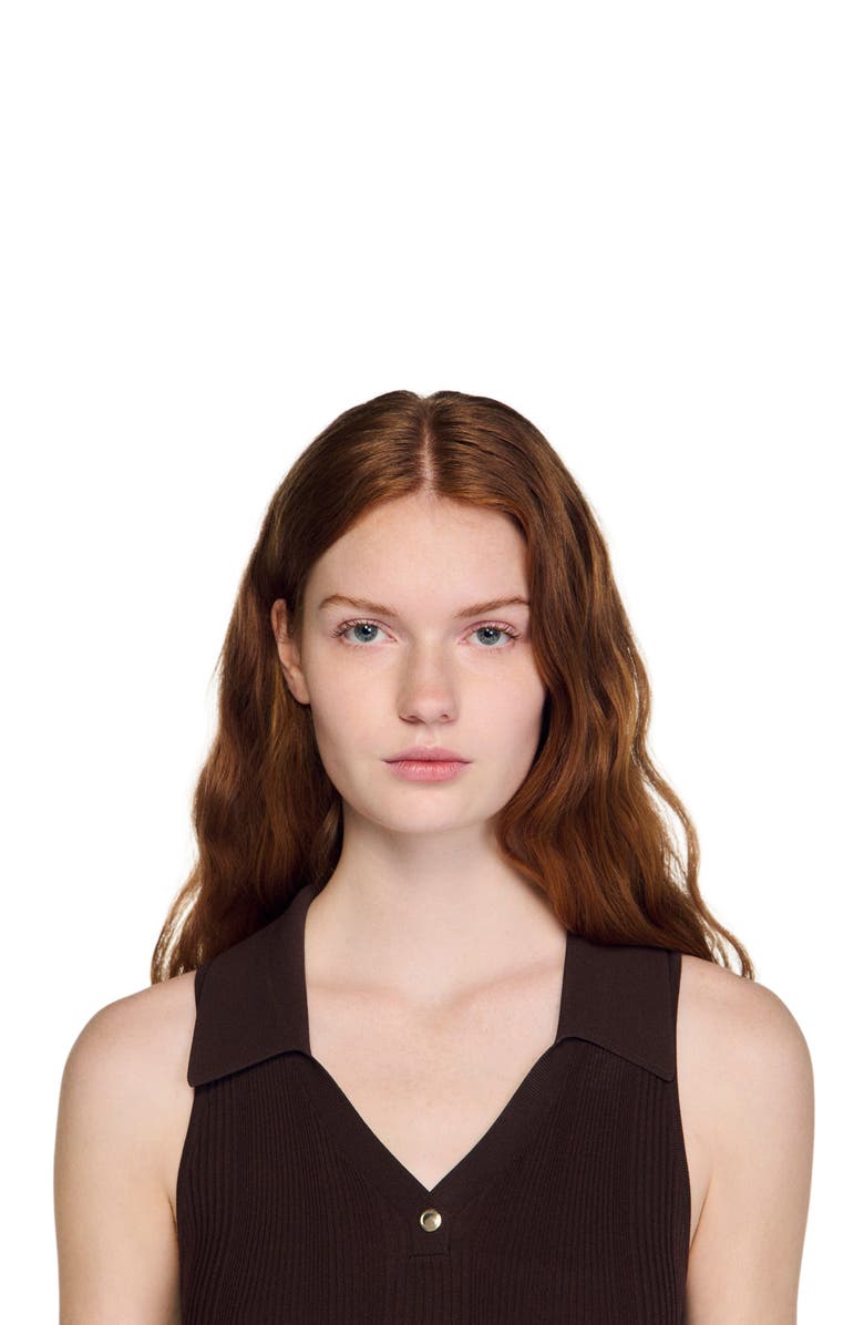 SANDRO Ribbed knit polo bodysuit, Alternate, color, Brown