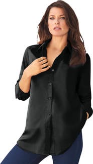 Roaman's Plus Size Kate Long Sleeve Easy Cotton-Blend Button-Front Shirt