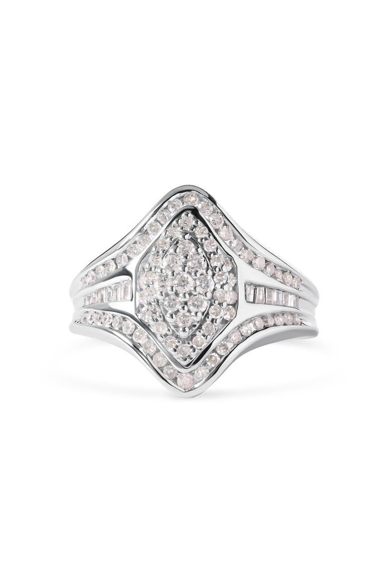 14K White Gold 3/4 Cttw Round and Baguette cut Diamond Cluster Ring, Main, color, White Gold