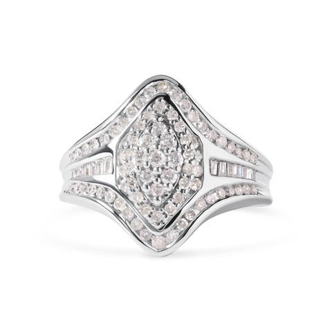 14K White Gold 3/4 Cttw Round and Baguette cut Diamond Cluster Ring