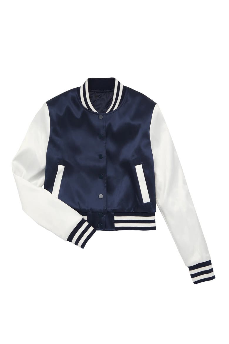 Valley Satin Varsity Jacket, Main, color, Navy