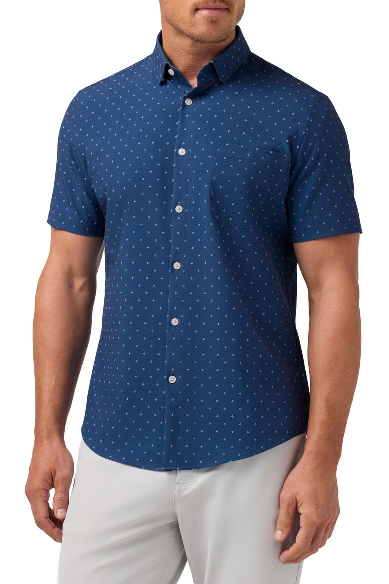 Leeward Trim Fit Short Sleeve Performance Button-Up Shirt, Main, color, MIDNIGHT NAVY ALTERNATING KITE