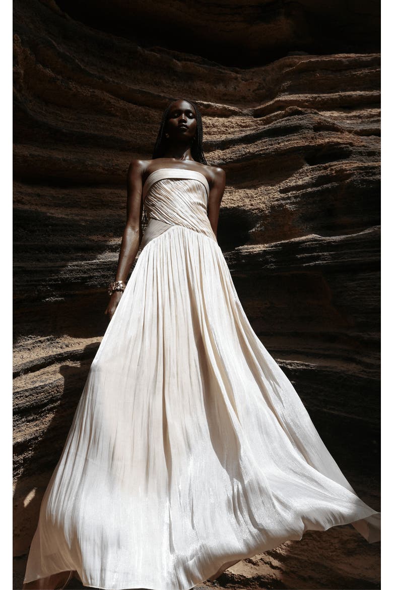 Olivine Crystal Organza Strapless Maxi Dress, Alternate, color, Beige