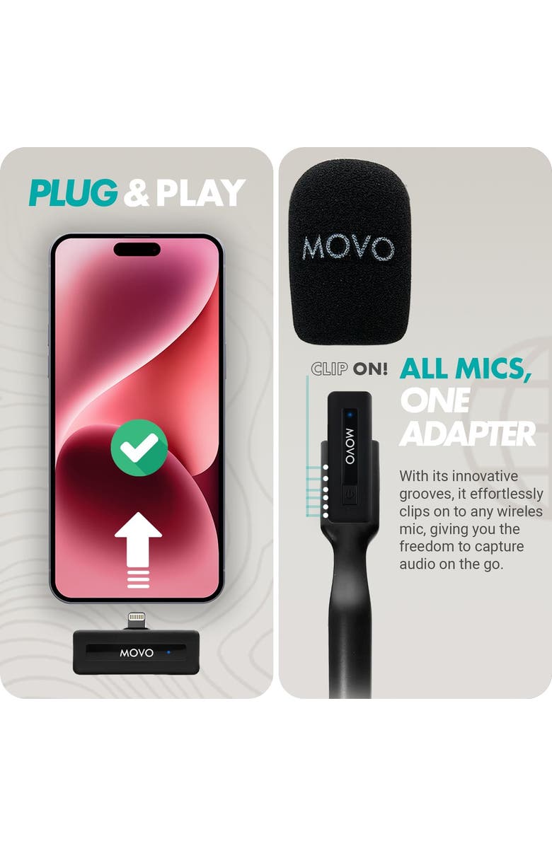 MOVO Wireless Mini DI Duo Dual Ultra Compact Wireless Lavalier Microphones for iPhone with Handheld Adapter, Alternate, color, Black