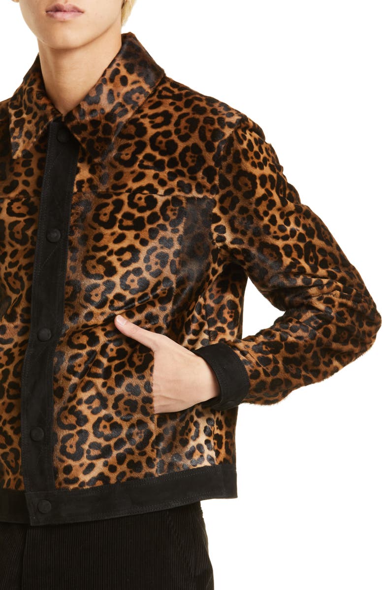 AMI PARIS Leopard Print Genuine Calf Hair Snap-Up Jacket, Alternate, color,