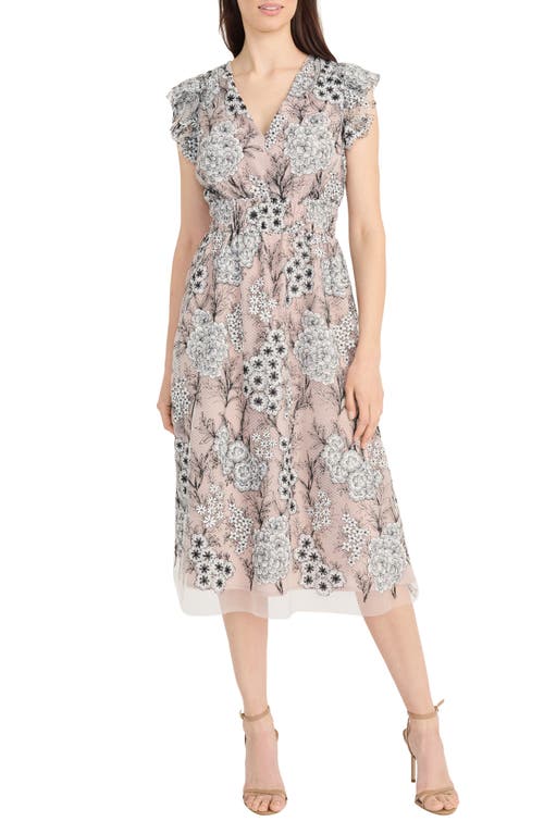 Maggy London Floral Flutter Sleeve Smock Waist Midi Dress In Black/ivory