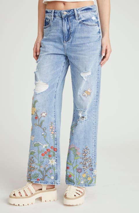 Marlena Distressed Wide Leg Jeans (Flower Fields)