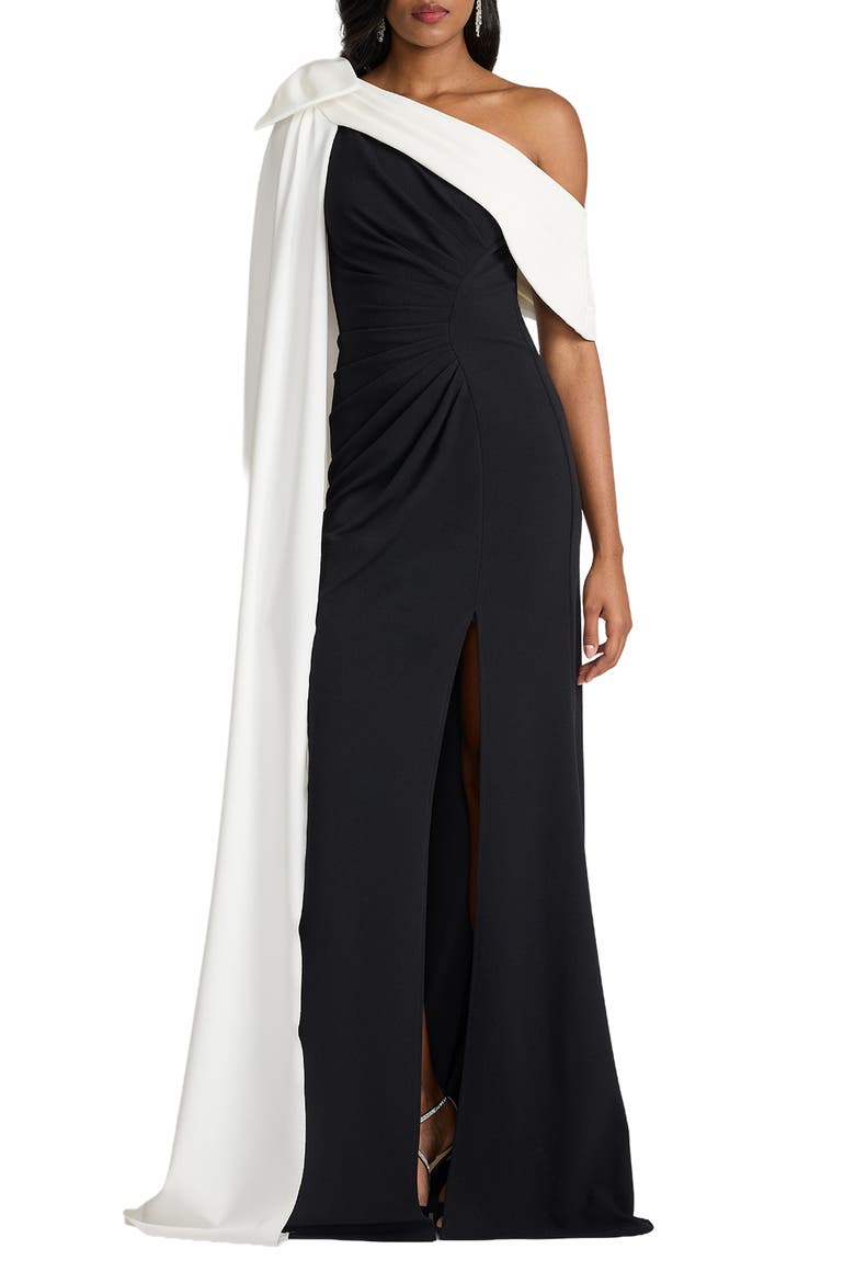 Bow Cape Detail One-Shoulder Gown, Main, color, BLACK/ IVORY