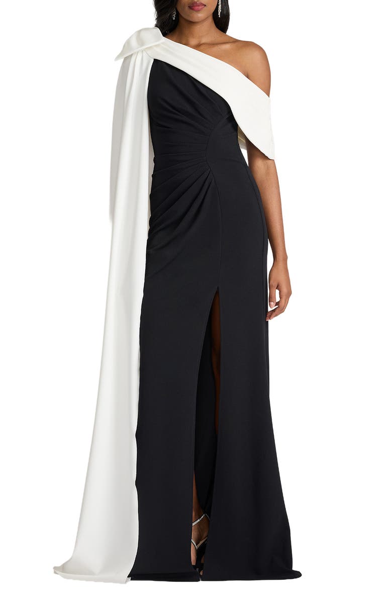 Tadashi Shoji Bow Cape Detail One-Shoulder Gown, Main, color, Black/ Ivory