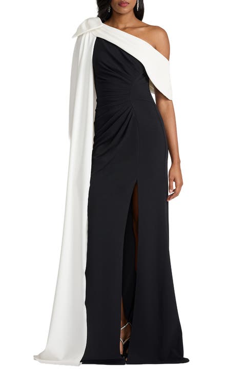 Bow Cape Detail One-Shoulder Gown