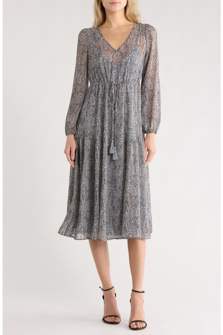 Paisley Long Sleeve Chiffon Midi Dress, Main, color, GREY/ NATURAL