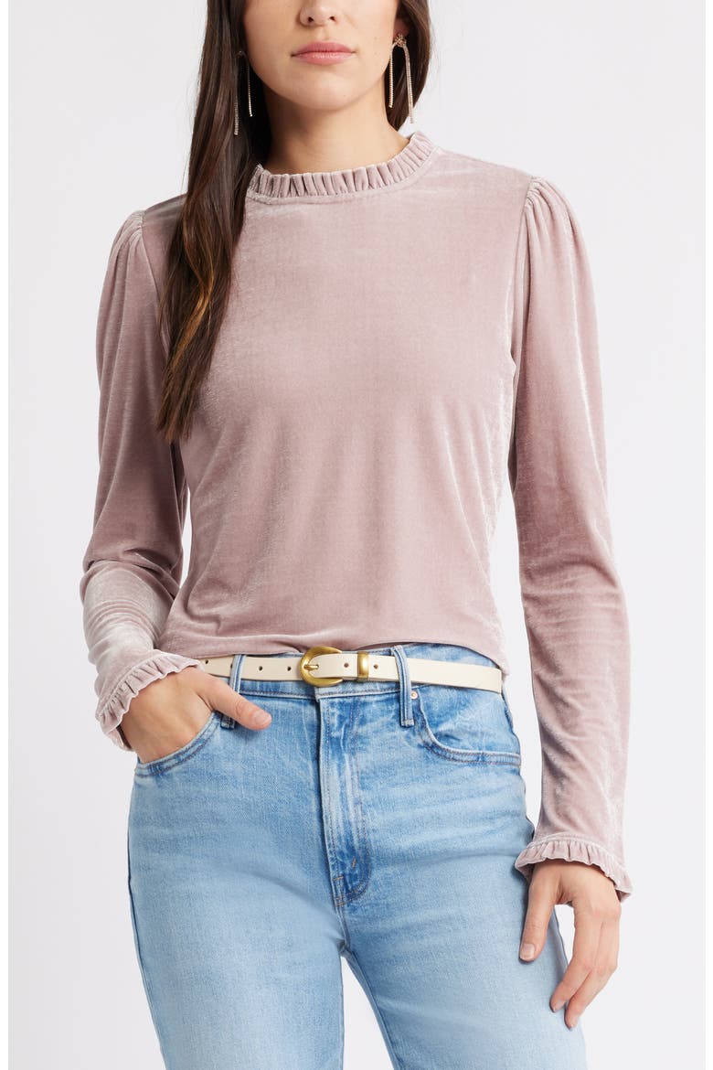 Velour Ruffle Neck Top, Main, color, PINK TIMBER