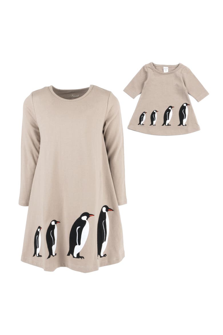 Girls Cotton Dress with Matching Doll Dress, Printed Design, Alternate, color, PENGUIN