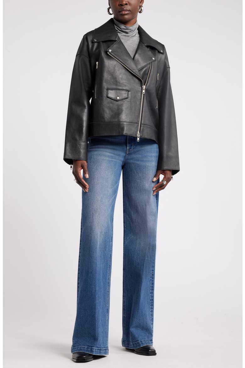 Leather Moto Jacket, Alternate, color, BLACK