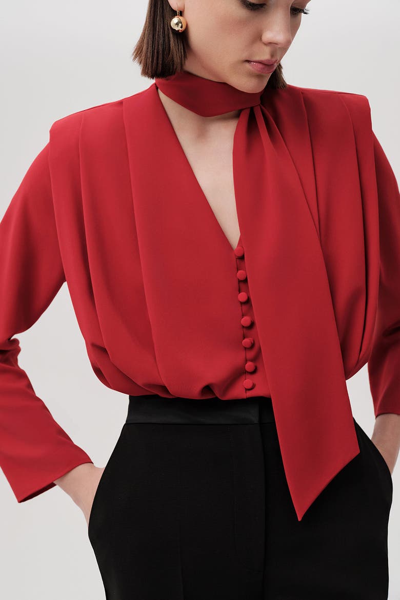 Sandy Draped Long Sleeve Bodysuit, Alternate, color, RED