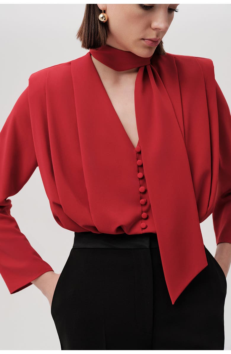 Exquise Draped Long Sleeve Bodysuit, Alternate, color, Red