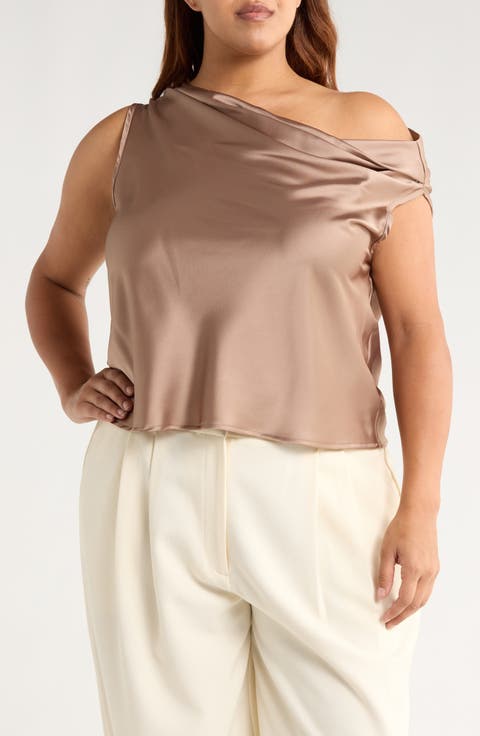 Cowl Off Shoulder Satin Top (Plus)
