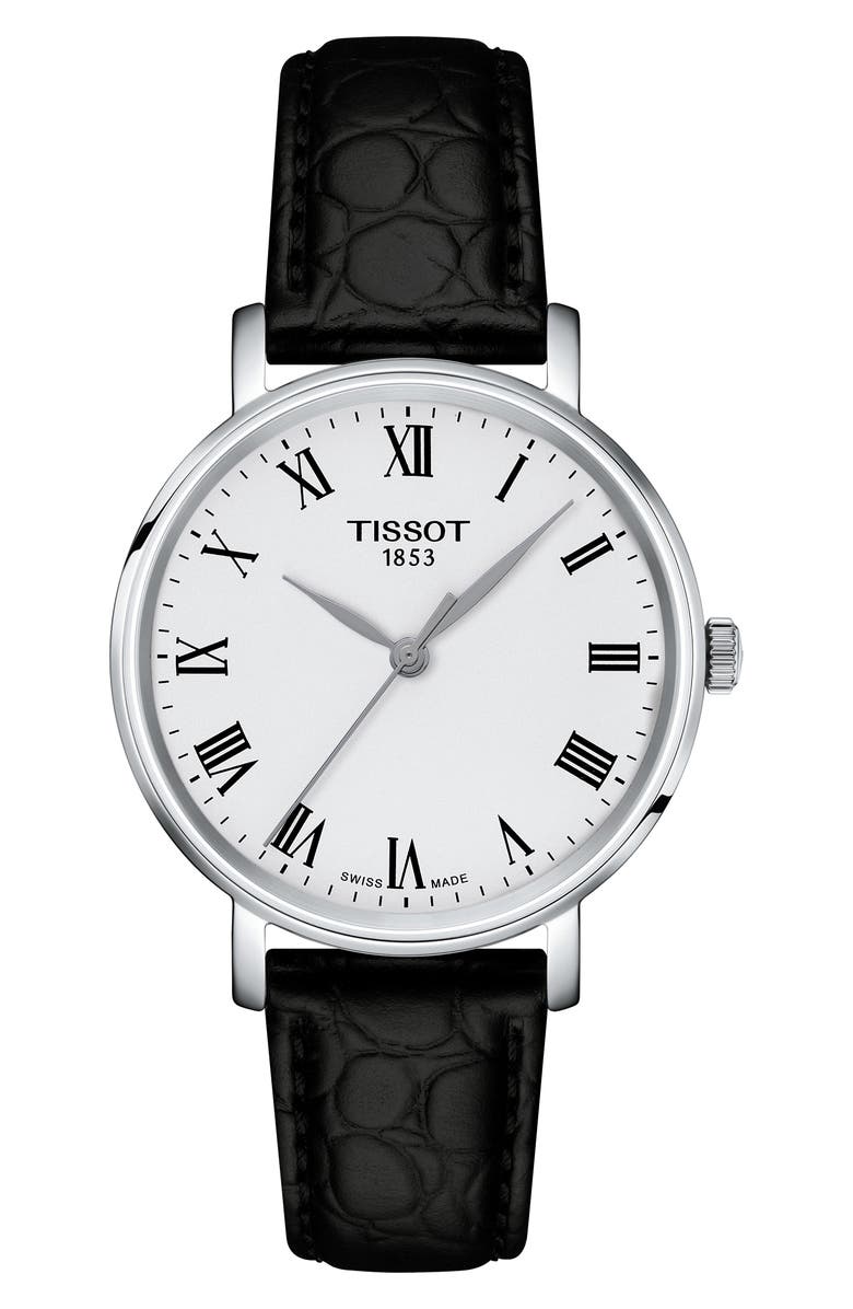 Tissot Everytime Desire Leather Strap Watch, 34mm, Main, color, White/ Silver