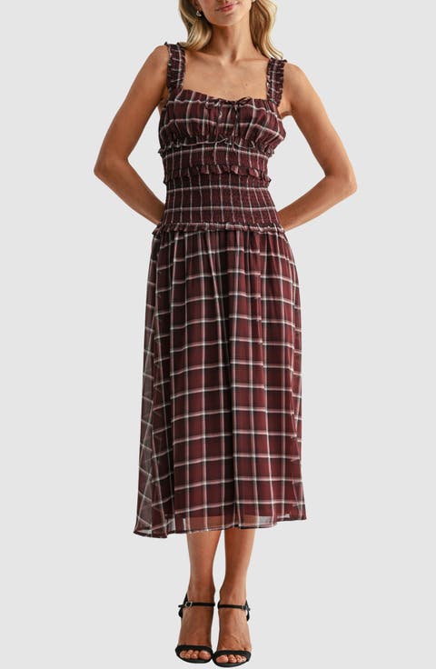 Plaid Smocked Drop Waist Midi Dress