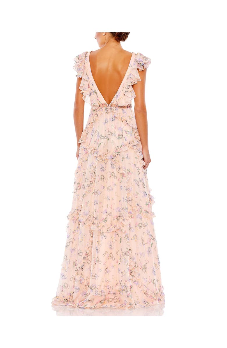 Mac Duggal Floral Print Cap Sleeve Ruffle Gown, Alternate, color, Pink Multi