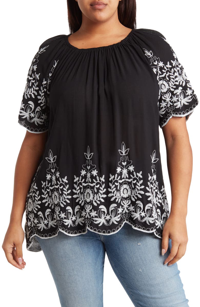 Forgotten Grace Embroidered Trim Peasant Tunic Top, Main, color, Black/White