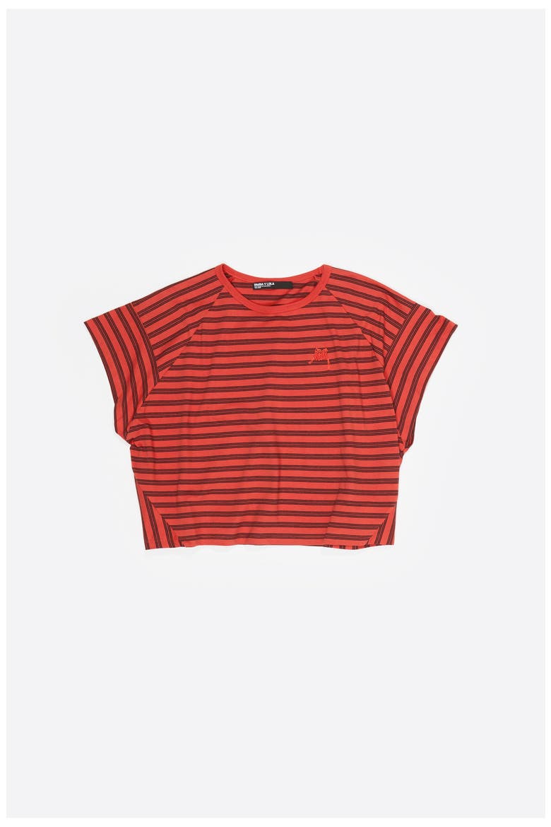 Striped Cropped T-shirt With Embroidered Logo, Alternate, color, RED