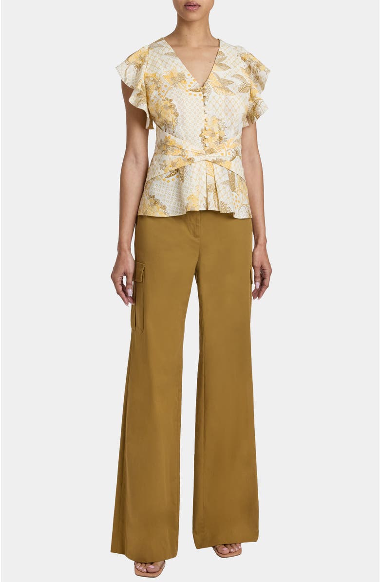Santorelli ELLA Flutter Sleeve Buttoned Blouse with Waist Panel in Floral Printed Cotton Cloque, Alternate, color, Chamomile