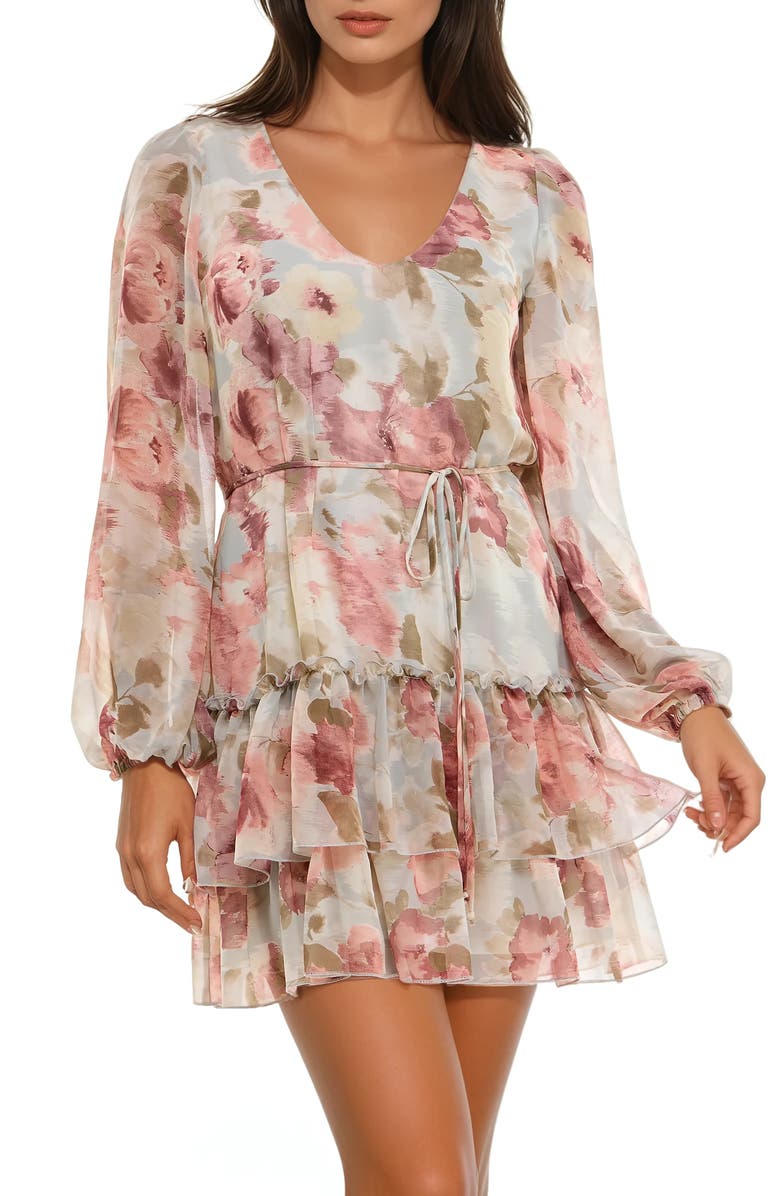 Socialite Tiered V-Neck Minidress, Alternate, color, Mauve Floral