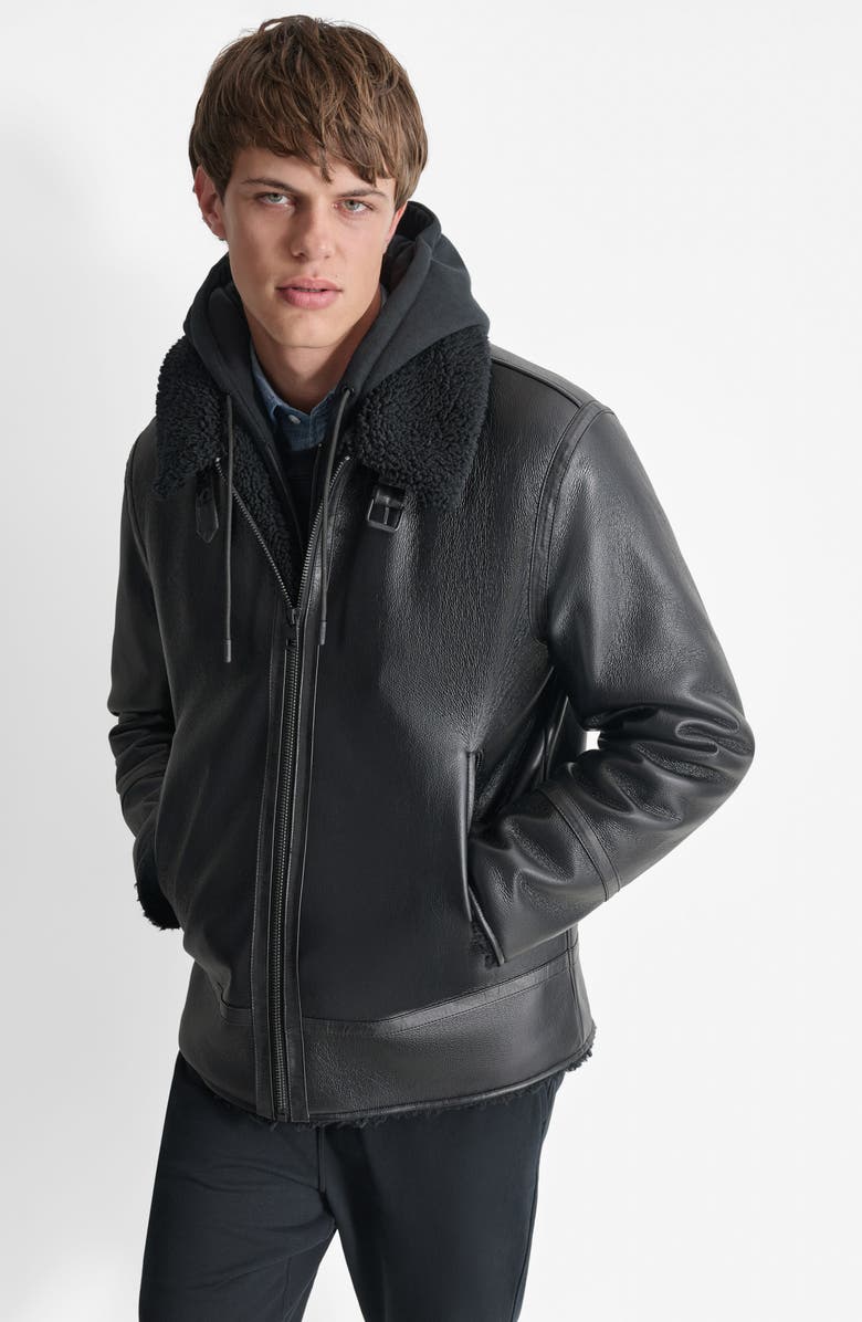 DKNY Water Resistant Faux Shearling Lined Jacket, Alternate, color, Black