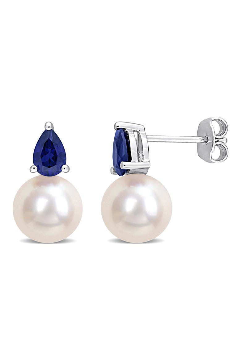 Pearl & Lab-Created Sapphire Stud Earrings, Main, color, WHITE