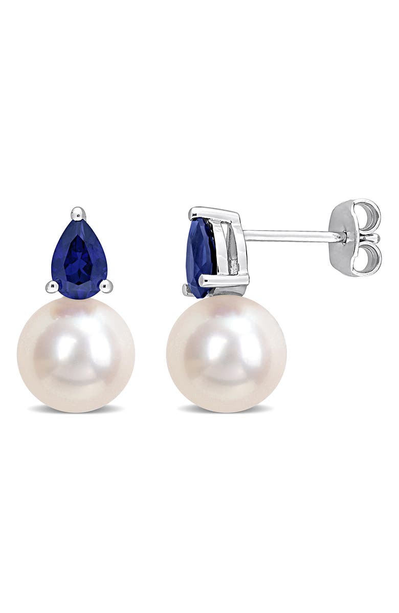 DELMAR Pearl & Lab-Created Sapphire Stud Earrings, Main, color, White