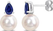 DELMAR Pearl & Lab-Created Sapphire Stud Earrings