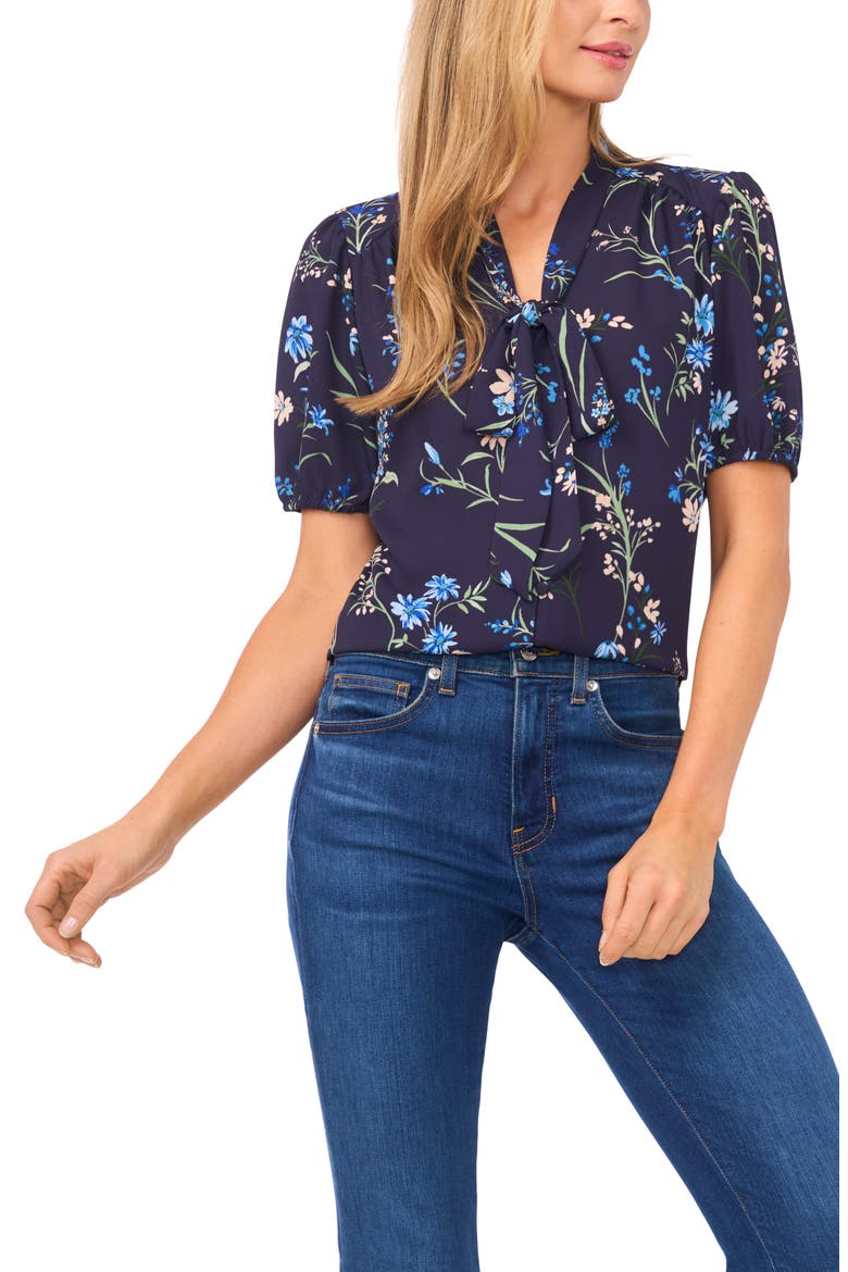 Floral Tie Neck Georgette Top, Main, color, CLASSIC NAVY