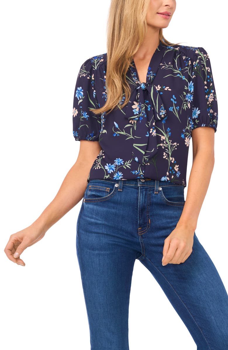 CeCe Floral Tie Neck Georgette Top, Main, color, Classic Navy