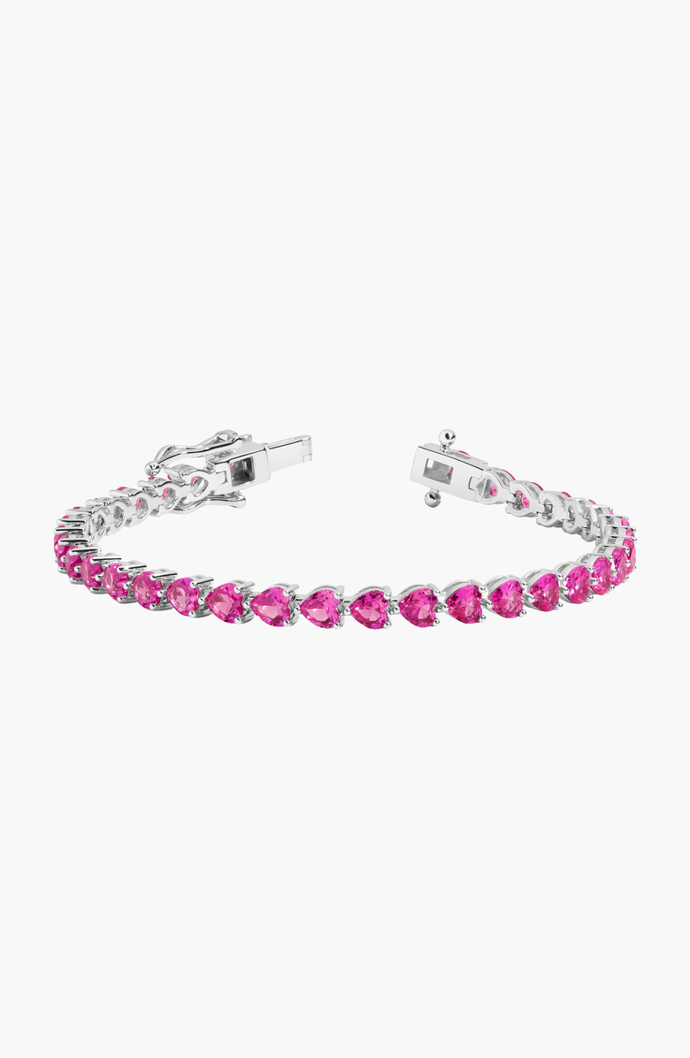 Aurate New York Lab Grown Pink Sapphire Heart Tennis Bracelet, Main, color, White Vermeil