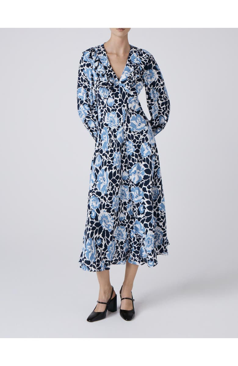 Ghost London Noa Floral Crepe V Neck Midi Dress, Alternate, color, Blue Floral