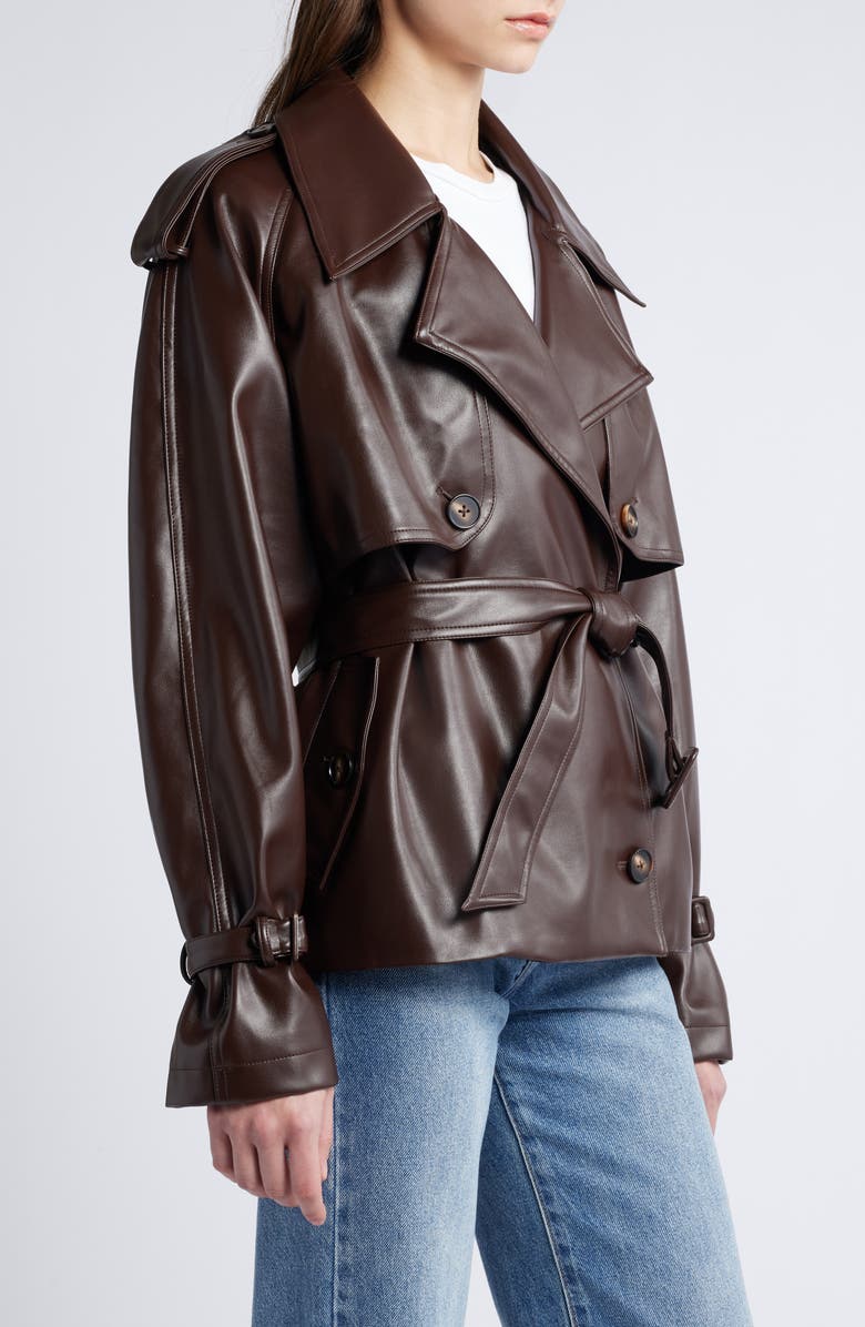 Pixie Market Tie Waist Faux Leather Trench Coat, Alternate, color, Dark Brown