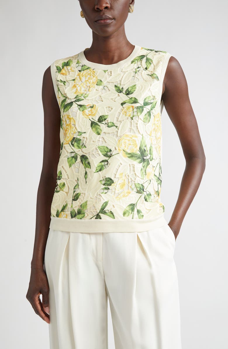 Oscar de la Renta Garden Rose Guipure Lace Sleeveless Sweater, Main, color, 
